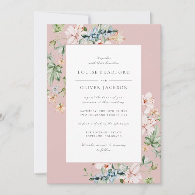 Dusty Rose Spring Watercolor Floral Dusty Wedding Invitation (Front)