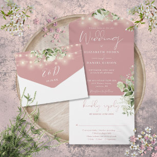 Dusty Rose String Lights Greenery Monogram Wedding All In One Invitation