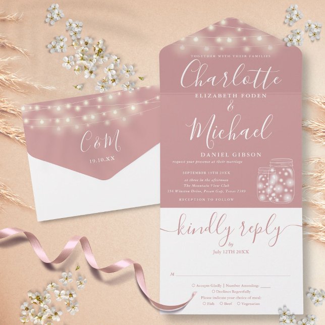 Dusty Rose String Lights Mason Jars Wedding All In One Invitation (Dusty Rose String Lights Mason Jars Wedding All In One Invitation)