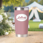 Dusty Rose Stylized Wedding Groomsman Insulated Tumbler<br><div class="desc">Gift your wedding groomsman with this personalized,  stainless steel,  thermal tumbler with his name in stylized script in a white oval design. Background and script is trendy,  dusty rose colour. Personalize your thermal tumbler by editing and replacing groomsman's name with desired name.</div>
