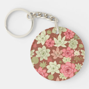 Dusty Rose Terracotta Succulent Echeveria Floral  Keychain