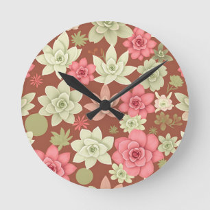 Dusty Rose Terracotta Succulent Echeveria Floral  Round Clock