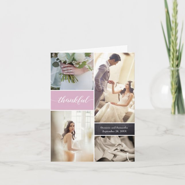 Dusty Rose Thankful Script Custom Photo Wedding  Thank You Card (Front)