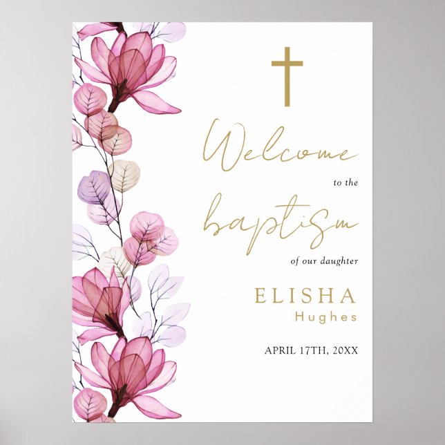 Dusty Rose Transparent Floral Baptism Affiche de b (Devant)