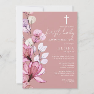 Dusty Rose Transparent Floral First Holy Communion Invitation