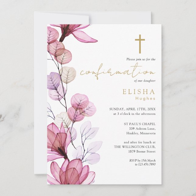 Dusty Rose Transparent Floral Gold Confirmation Invitation (Front)