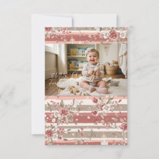 Dusty Rose Vintage Floral Baby Girl Photo Thank You Card