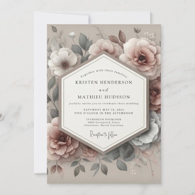 Dusty Rose Vintage Floral Wedding Invitation (Front)