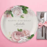 Dusty Rose Vintage Floral Women's Birthday  Paper Plate<br><div class="desc">Elegant and stylish vintage botanical blush pink and dusty rose watercolor floral (roses) and painted green watercolor leaves on cream birthday party paper plate. Customizable text says,  "Happy birthday." Personalize with a name and party date.</div>