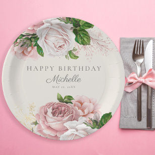 Dusty Rose Vintage Floral Women's Birthday  Paper Plate
