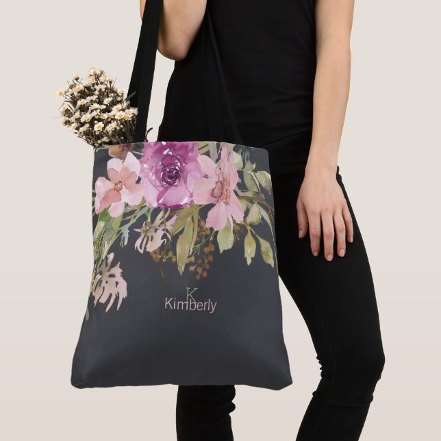 Dusty rose violet Floral initial Sac fourre-tout M (De près)