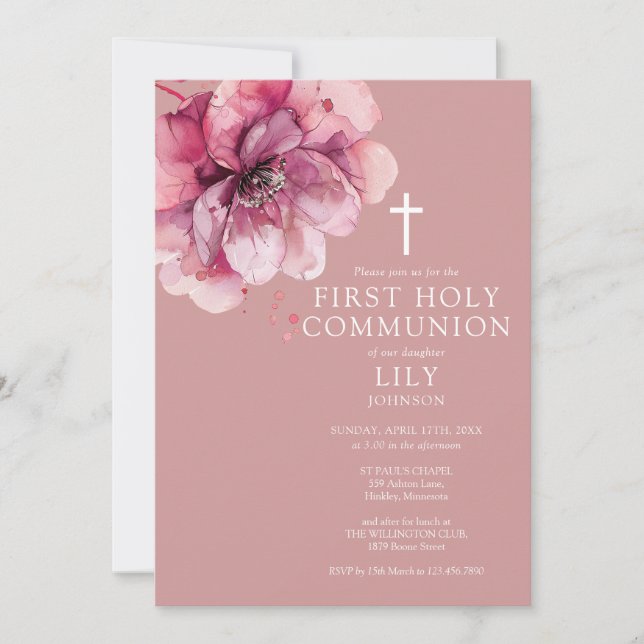 Dusty Rose Watercolor Floral First Holy Communion Invitation (Front)