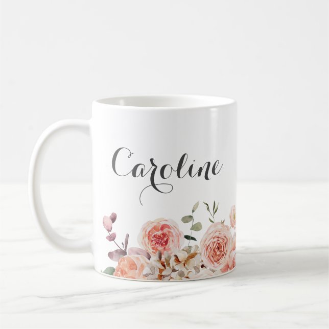 Dusty Rose Watercolor Floral Name Coffee Mug (Left)