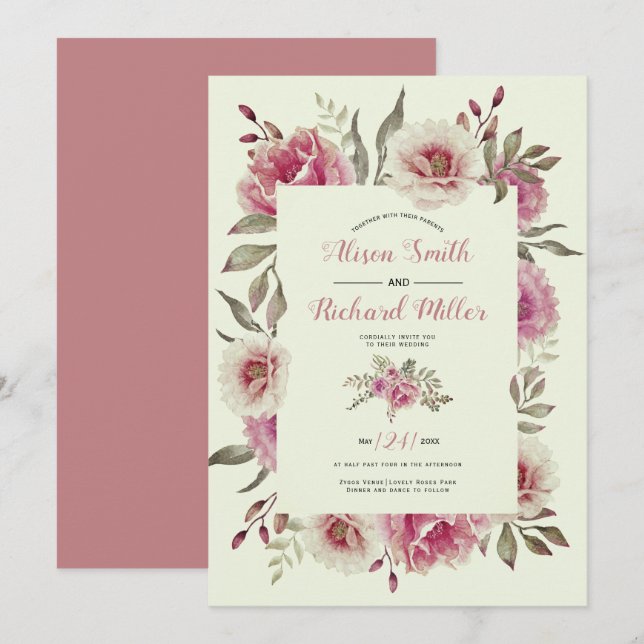 Dusty rose watercolor flower frame floral wedding invitation (Front/Back)