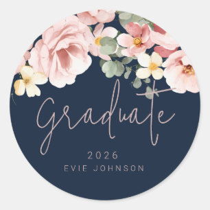 Dusty Rose Watercolor Navy Graduation Graduate Classic Round Sticker
