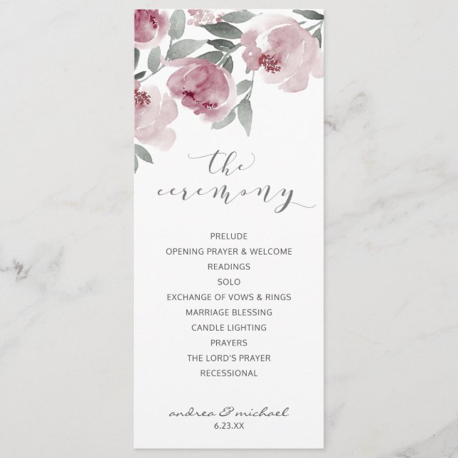 Dusty Rose Wedding Mauve Watercolor Program (Front)