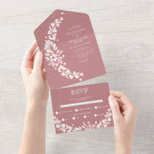Dusty rose, white floral garland, hearts wedding all in one invitation