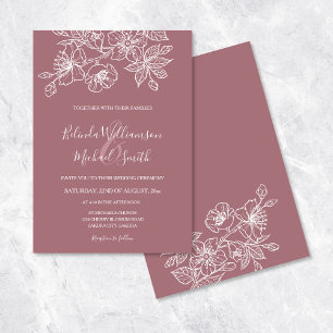 Dusty Rose White Floral Line Art   Wedding Invitation
