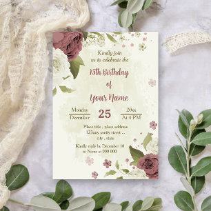 dusty rose white flowers botanical birthday invitation