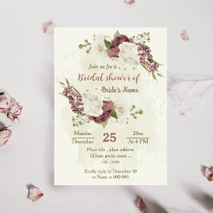 dusty rose white flowers botanical bridal shower invitation