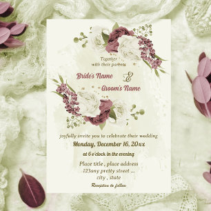 dusty rose white flowers botanical wedding invitation
