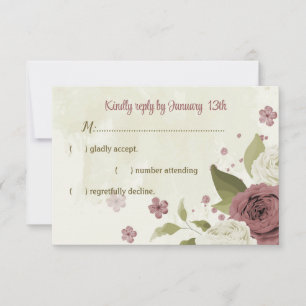 dusty rose white flowers botanical wedding RSVP card