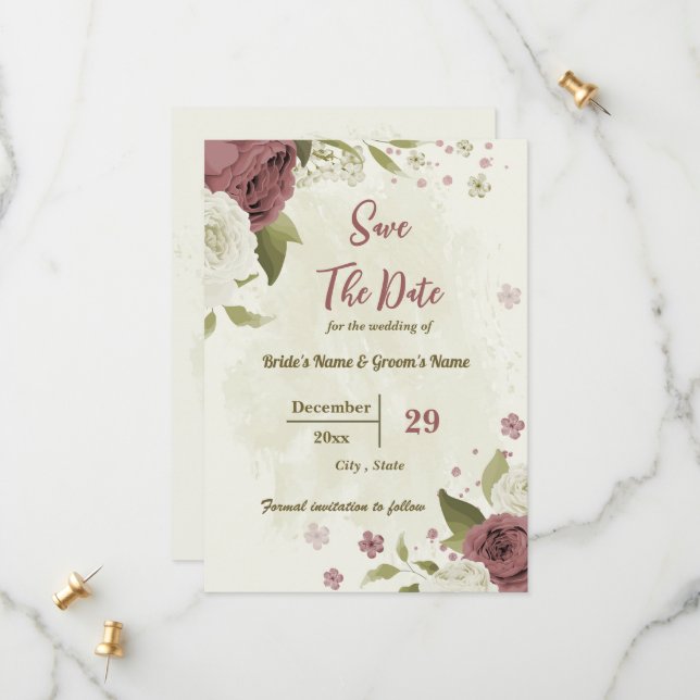 Dusty rose & white flowers botanical wedding save the date (Front/Back In Situ)