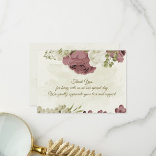dusty rose white flowers botanical wedding thank you card