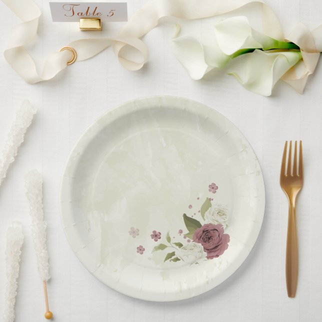 dusty rose white flowers  paper plate (Wedding)