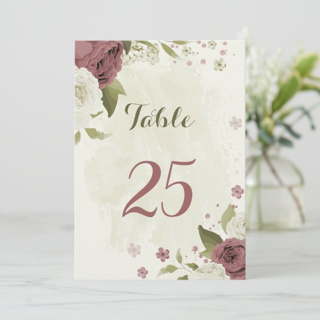 dusty rose white flowers table number card (Standing Front)