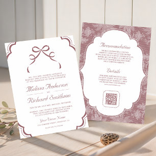 Dusty Rose White Lace Coquette Bow QR Code Wedding Invitation