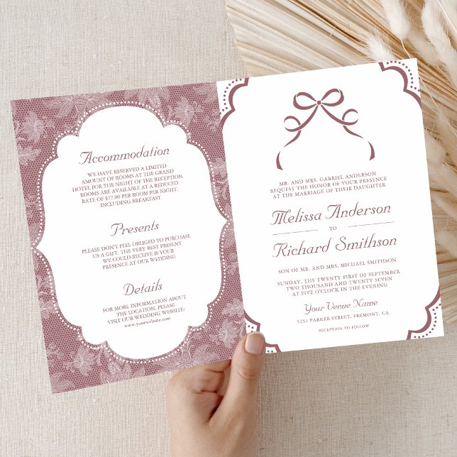 Dusty Rose White Lace Coquette Bow QR Code Wedding Invitation (Creator Uploaded)