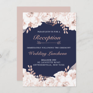 Dusty Rose White Lush Floral Navy Blue Reception Invitation