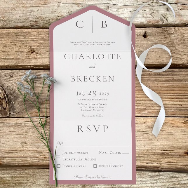Dusty Rose & White Monogram Minimal Dinner All In One Invitation (Creator Uploaded)