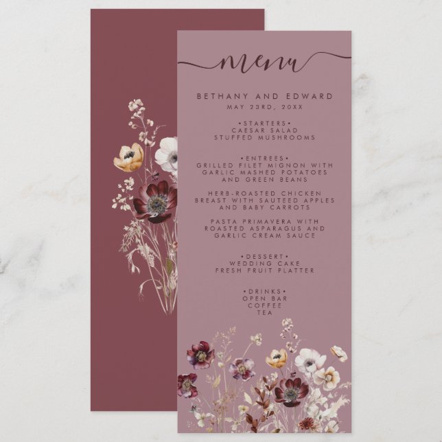 Dusty Rose Wildflower Wedding Menu (Front/Back)