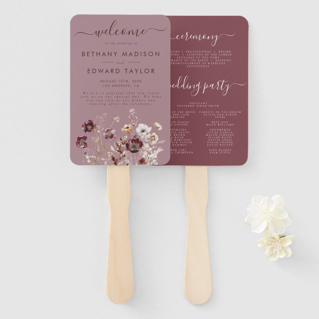 Dusty Rose Wildflower Wedding Program Hand Fan (Front and Back)