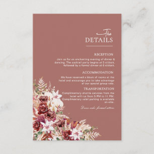 Dusty Rosewood & Blush Floral Wedding Details Card