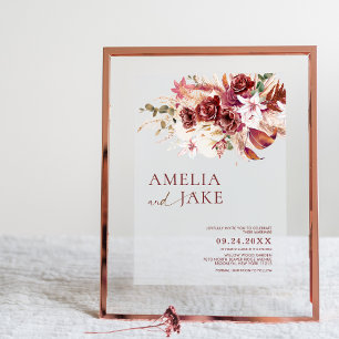 Dusty Rosewood & Burgundy Blush Floral Wedding Acrylic Invitations