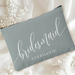 Dusty Sage Bridesmaid Modern Calligraphy Accessory Pouch<br><div class="desc">Celebrate your bridal party with this elegant dusty sage bridesmaid accessory pouch. Featuring modern calligraphy and customizable with your bridesmaid's name, this pouch is both stylish and practical. The soft dusty sage colour and elegant script create a sophisticated look, perfect for holding makeup, toiletries, or other essentials. This personalized pouch...</div>