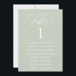 Dusty Sage Calligraphy Seating Chart Table Number<br><div class="desc">Elegant white calligraphy "table",  with guest names listed and table number,  wedding table number seating chart 5x7 card. Background colour shown in dusty sage,  can be customized. Designed to coordinated with our Dusty Sage Botanical Collection.</div>