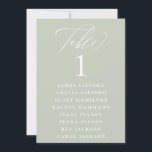 Dusty Sage Calligraphy Seating Chart Table Number<br><div class="desc">Elegant white calligraphy "table",  with guest names listed and table number,  wedding table number seating chart 5x7 card. Background colour shown in dusty sage,  can be customized. Designed to coordinated with our Dusty Sage Botanical Collection.</div>
