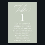 Dusty Sage Calligraphy Seating Chart Table Number<br><div class="desc">Elegant white calligraphy "table",  with guest names listed and table number,  wedding table number seating chart card. Background colour shown in dusty sage,  can be customized. Designed to coordinated with our Dusty Sage Botanical Collection.</div>