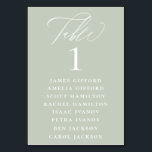 Dusty Sage Calligraphy Seating Chart Table Number<br><div class="desc">Elegant white calligraphy "table",  with guest names listed and table number,  wedding table number seating chart card. Background colour shown in dusty sage,  can be customized. Designed to coordinated with our Dusty Sage Botanical Collection.</div>