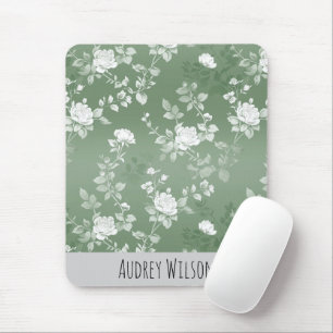 Dusty Sage Floral Green Flower Greenery Pattern Mouse Pad