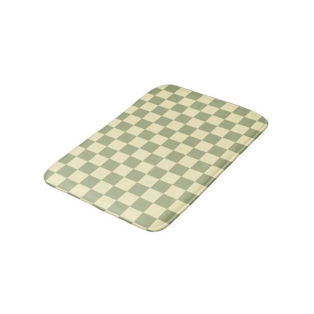 Dusty Sage Green and Butter Yellow Checkerboard Bath Mat (Angled)
