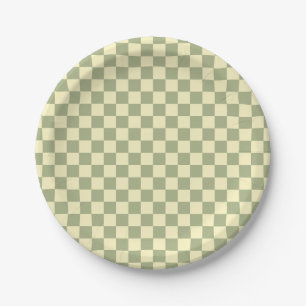 Dusty Sage Green and Butter Yellow Checkerboard Paper Plate