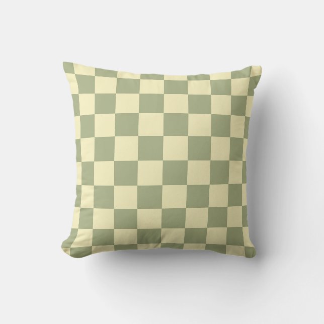 Dusty Sage Green and Butter Yellow Checkerboard Throw Pillow (Front)