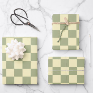 Dusty Sage Green and Butter Yellow Checkerboard Wrapping Paper Sheet