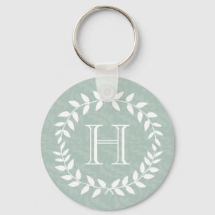 Dusty Sage Green Botanical Wreath Elegant Monogram Keychain