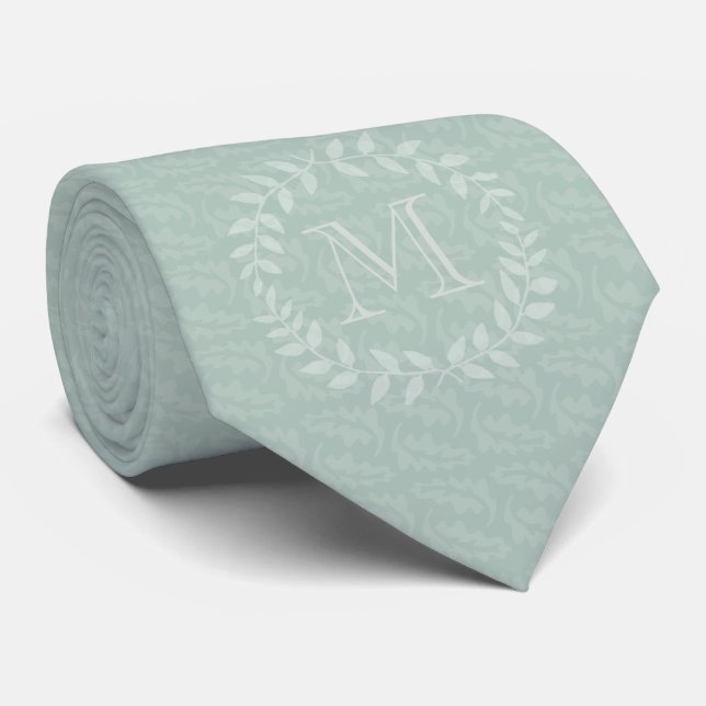 Dusty Sage Green Botanical Wreath Elegant Monogram Tie (Rolled)